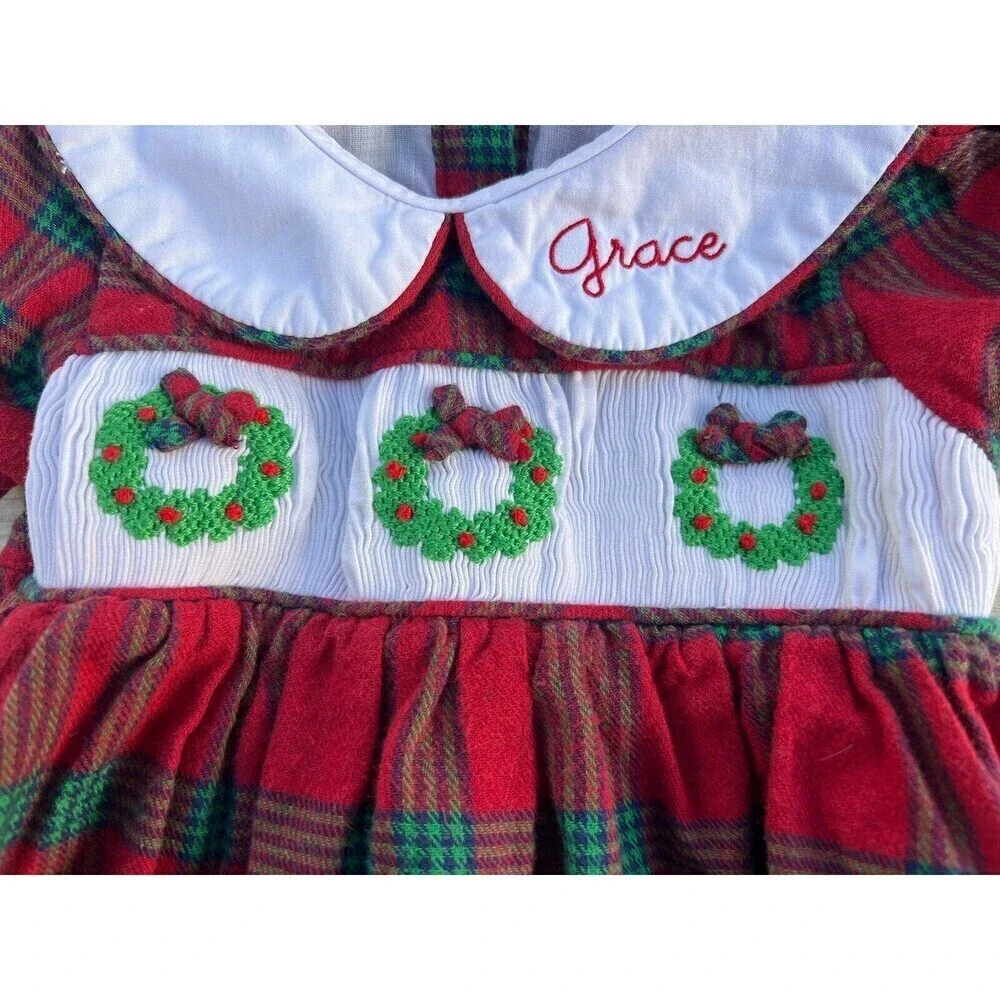 Smockingbird Wreath Smocked Red and Green Plaid Bubble One Piece Size 18M